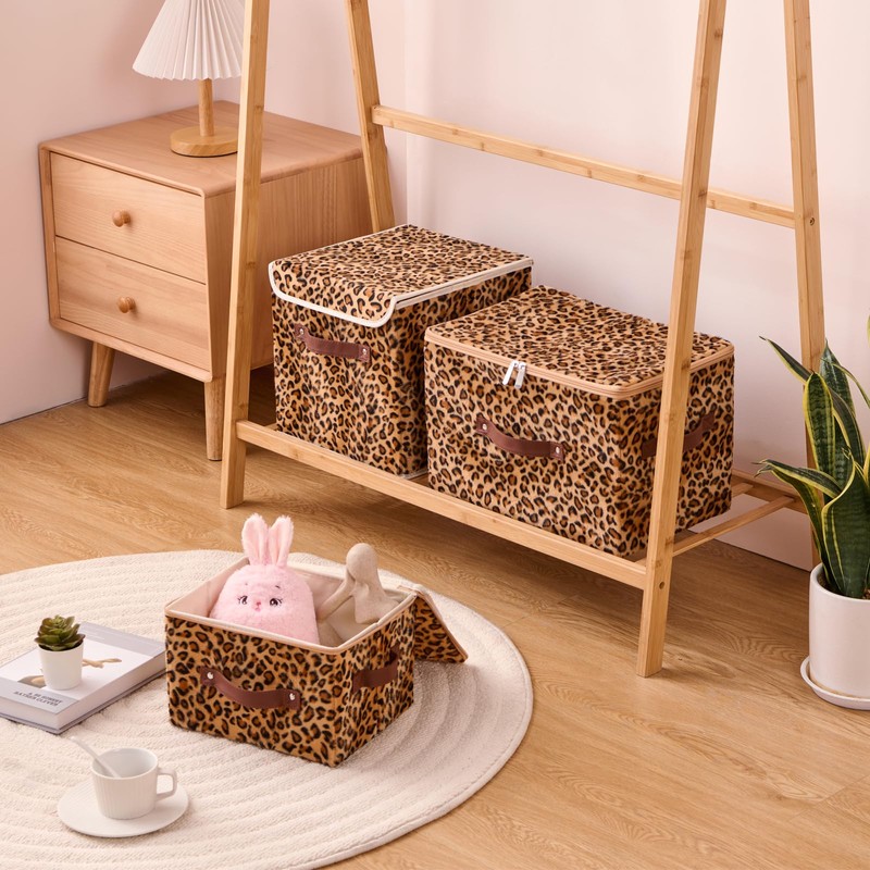 VinneGenzz Storage Bins Boxes with Zipper Lid Leopard Print Cute