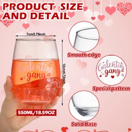 SiliFine 6 Pcs Galentines Day Wine Glasses 18.6oz Red Heart Lip Wine Glass Romantic Galentines Gang Stemless Glass Drinking Cups Gift for Friends Party Event