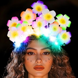 Catery Flower Headband Light Up Hawaiian Headpiece Plumeria Summer Beach Accessories for Women (Hawaiian Flower-Color Light, one size)