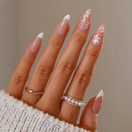 French Tip Press on Nails Almond Fake Nails with White Flower Designs Acrylic Nails Stick on Nails Full Cover Glossy Nude White Glue on Nails Reusable Artificial Nails for Women Girls Holiday 24pcs