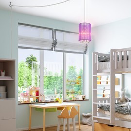 LaLuLa Hanging Lamp, Purple Cotton Hanging Lights with Plug in Cord, Crystals Plug in Pendant Light, 1-Light Hanging Lamps for Living Room Plug in, Bedrooms, Girls Room, Vanity, Playhouse, Closet