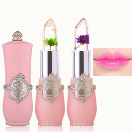 WENJLYJ 2PCS Crystal Flower Jelly Lipstick,Clear Lipstick with Flower Inside Magic PH Temperature Color Changing Lipstick Tinted Lip Balm,Long Lasting Waterproof Moisturizing Lip Gloss Set(05+06)