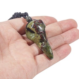 Lovionus89 Natural Crystal Stone Raven Skull Pendant Necklace Hand Carved Crow Head Charm with Adjustable Cord, Dragon Bloodstone
