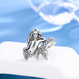 MayiaHey Mermaid Ring, Mermaid Tail Ring for Women Men, Cute Dolphin Tail Ring Fairytale Ring Norse Viking Mermaid with Long Hair Ring Beach Mermaid Tail Jewelry, Punk Mermaid Ring for Girls Boys (Q)