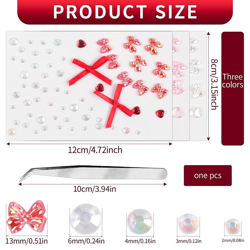 3PCS Heart Face Gem Stickers Red Pink Self Adhesive Rhinestone