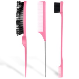 AOOWU 3 Pcs Slick Brush Set, Volume Creating Teasing Brush Set, Hair Styling Comb Set Include Bristle Hair Brush Double Sided Edge Brush Rat Tail Comb for Women Kids Edge Back Hair Smoothing (Pink)