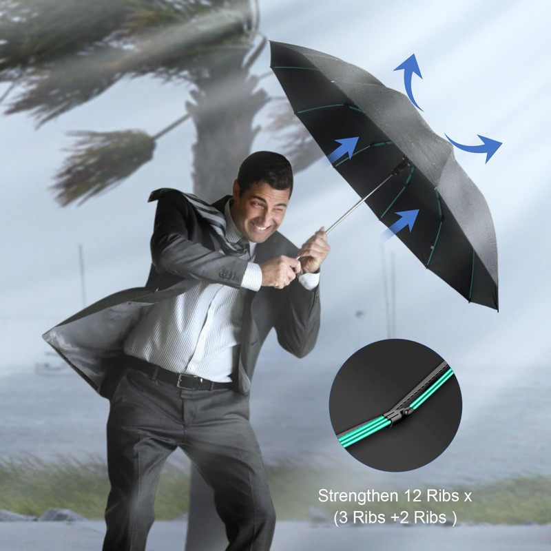 ZUOYOUZ Folding Travel Umbrella Windproof Strong,Upgrades 12 Ribs(3+2Ribs) Auto Open/Close