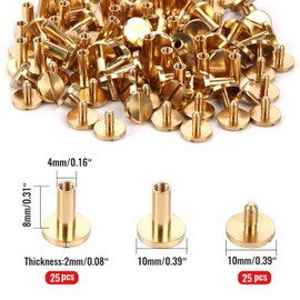 Chicago Binding Screws - 4 mm x 8 mm Binding Post - 10 mm Phillips Nut - Chicago Screw Binding Post Set for DIY Leather Decorations, Scrapbooking, Photo Albums, Bookbinding (Brass, 25 Pieces)