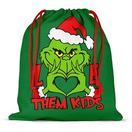 ADQUATOR 1pcs 24×26cm The Grin-ch Love Them Kids Green Christmas Gift Bags,Drawstring Ribbon Fabric Xmas Bags for Christmas Gift Delivering Shopping Birthday Present Party Decorations