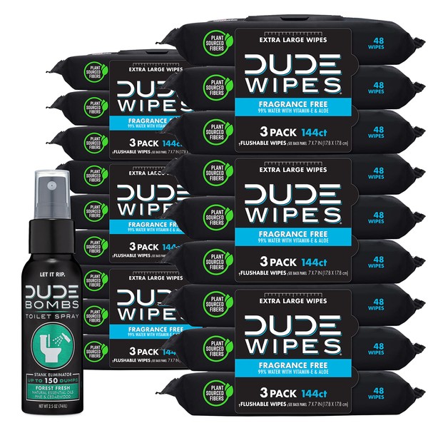 DUDE Wipes - Flushable Wipes with DUDE Bombs Toilet Spray - 18 Pack, 864 Wipes + 1 Spray Bottle - Unscented Wet Wipes with Vitamin-E & Aloe - Forest Fresh Stank Eliminator