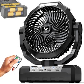 Battery Operated Fan [200H Max], 2 in 1 D-Cell Battery & USB Powered Fans, Portable Camping Fan with 4 Speeds, Light, Timer, Remote for Outdoor Tent, Travel, Picnic, Office, Bedroom - Black