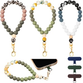 Landical 3 Pack Marble Silicone Beaded Phone Wrist Strap Cellphone Lanyard with Tether Tab Hand Free Chain Bracelet for Women(Dark Color,15mm)