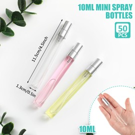 Zhehao 50 Pcs Mini Spray Bottles 10 ml Clear Glass Perfume Bottles Refillable Fine Mist Perfume Atomizer Portable Empty Sample Containers for Cleaning, Essential Oils, Travel (Silver Cap)