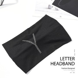 CAKURE Letters Crystal Headband Rhinestone Black Head Wraps Wide Knotted Head Band Turban Party Night Club Hairbands Glittery Hair Accessories for Women and Girls (Y, Black)