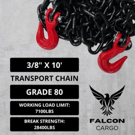 4PK - Falcon Cargo 3/8" X 10' Grade 80 Transport Binder Chain - 7,100 LBS WLL - Clevis Grab Hook, Tie-Down, Towing