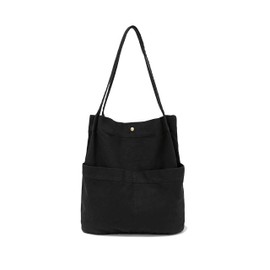 Jeelow Canvas Tote Handbag Shoulder Bucket Bag Purses For Men & Women With Pockets, Black Bucket, Medium