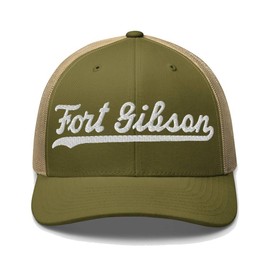 Fort Gibson Hat Fort Gibson Trucker Hat Baseball Script Embroidered Cap Vintage Sports Mesh Swoosh Gift Souvenir Headwear OK Moss/Khaki