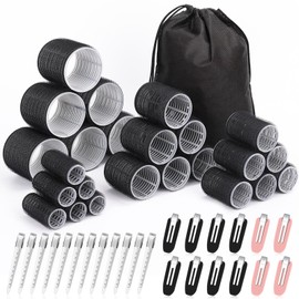 shynek Hair Curlers Set with 24 Rollers (6 Jumbo, 6 Large, 6 Medium, 6 Small) and 24 Clips for All Hair Lengths (Black)