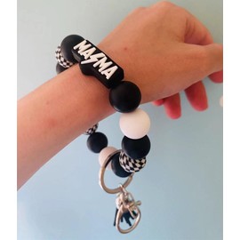 Jgrprlq Mama Wristlet and Keychain Set, Checkered Black Mom Key Ring for Car Keys Purse Backpack Mom Birthday Gifts Mothers Day Gift