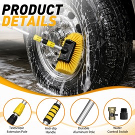 12FT Car Wash Brush with Long Handle, 12-Inch Soft Bristle Car Cleaning Brush for Cleaning RV, Truck, Boat, Solar Panels, Yellow