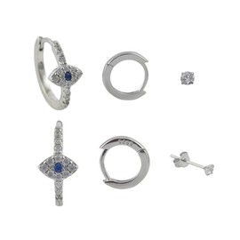 3 Pairs Evil Eye Zirconia Hoop Huggie & Stud Set Earrings For Women Girls Minimalist 925 Fashion Sterling Silver 18k Gold Plated, Platinum Plated Hypoallergenic Jewellery with Gift box (Platinum)