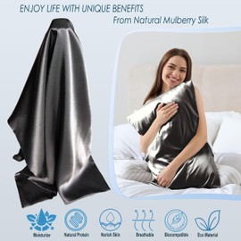 Jadebeads 100% Pure Mulberry Silk 22Momme Luxurious Pillow Cases for Hair and Skin Dark Gray Silk Pillowcase with Zipper Silk Pillow Covers 1 Pack for Gifts (Queen 30" x 20")