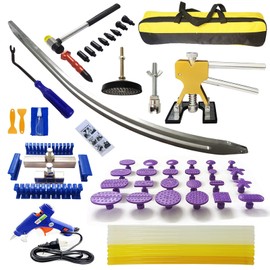 CYGOODS 1set Car Dent Removal Kit, Auto Fender Damage Repair Big Curved Rod Crowbar Puller Lifter Rods Tools with Glue Tabs, Glue Sticks, Leveling Tools and More for Car Body Dent Repair