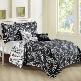 Home Soft Things Serenta 5 Piece La Boheme Quilted Printed Bed Spread, Queen, Black