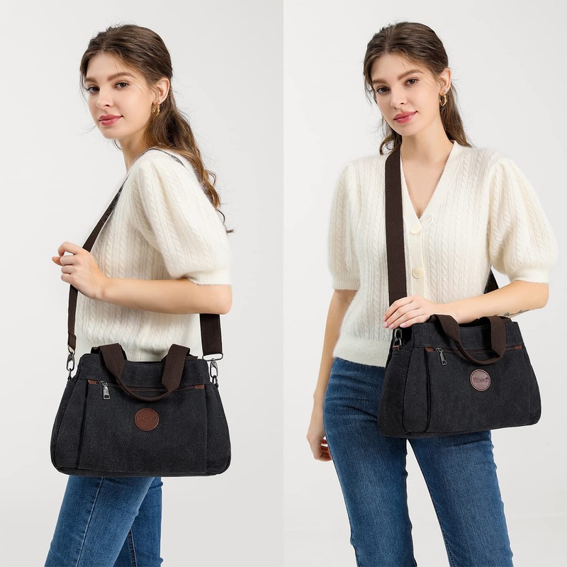 KONO Canvas Handbag Women Shoulder Bag, black, Retro