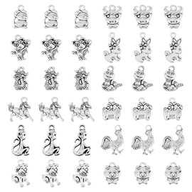 SUPERFINDINGS 96Pcs 12 Styles Tibetan Style Alloy Pendants 12 Chinese Zodiac Signs Charms Animal Theme Metal Pendants for Necklace Earring Bracelets Jewelry Making, Hole: 1.6~2mm