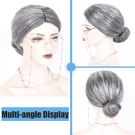 WeKen Old Lady Wig Set,Old Lady Costume for Women Girls Grandma Costume Silver Grey Wig with Bun+Granny Glasses+Eyeglass Chain+Pearl Necklace+Wig Cap (5 Piece) for 100 Days of School Dress Up Party