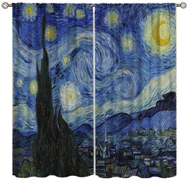 wlsgdsg Starry Night Blackout Curtains for Bedroom, Oil Painting Blue Abstract Stars Art Decor Print Window Treatments, Rod Pocket Drapes for Living Room Bathroom, 42x45in