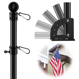 Flag Pole for House Outside with 5 Position Mounting Bracket, 5ft Stainless Steel Black Flagpole Kit for Commercial Outdoor Handheld Portable Carry Use, Heavy Duty Tangle Free House Garden Flag Pole