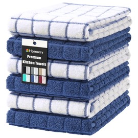 Homaxy Premium Cotton Kitchen Towels 16"x 28", Large Natural Ring Spun 390 GSM Dish Towels, Super Absorbent Terry Kitchen Hand Towels, Soft Tea Towel with Hanging Loop, Navy Blue Check Design, 6 Pack