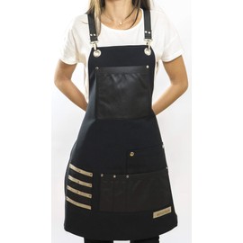 MONAPRON Heavy Duty Apron Bleach Resistant for Men Barbers Hairdresser Crossback Apron Adjustable Faux Leather Straps 20 Black Apron
