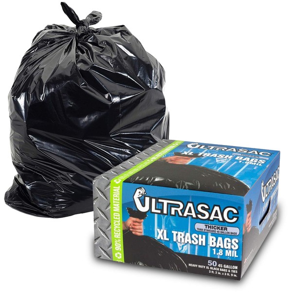 Heavy Duty 45 Gallon Trash Bags by Ultrasac - (Huge 50 Count/w Ties) - 1.8 MIL - 38" x 45" - Large Black Plastic Garbage Bags for Contractor, Industrial, Home, Kitchen, Commercial, Yard, Lawn, Leaf,