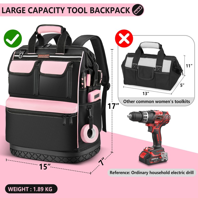 LOKASS Pink Tool Bag for Women, Wide-open Tool Backpack with