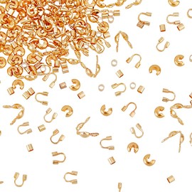 HOBBIESAY 400 Pieces 4 Styles 18K Gold-Plated Char Brass Crimp Beads/Wire Protection/Bead Tips/Crimp Beads Knot Covers Spacer Beads Disc Round Spacer Beads for Jewellery Making