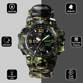 23-in-1 Tactical Survival Digital Watch, Men & Women Military Multi-Functional and Adjustable Wristband Outdoor Waterproof Camouflage Sports Watches with Compass Paracord Band