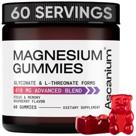 Magnesium Gummies - 410mg of Elemental Magnesium Glycinate & L-Threonate Supplement Complex - Vegan Magnesium Glycinate Gummies for Calm Mood, Muscle & Heart Support - Chewable Magnesium Gummy 60 pcs