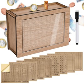 Alyvisun Wooden Money Box with Marker Stickers, Money Box with Counter, Reusable Cash Box, Wooden Money Box with Savings Target for Checking, Money Saving Box, Money Saving Box, Cash Box, €500-€10,000
