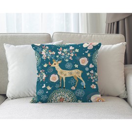 Moslion Deer Pillows Decorative Throw Pillow Cover Magic Love Flower Bird on Antler Pillow Case 18 x 18 Inch Cotton Linen Easter Square Cushion Cover for Sofa Bed Green Pink