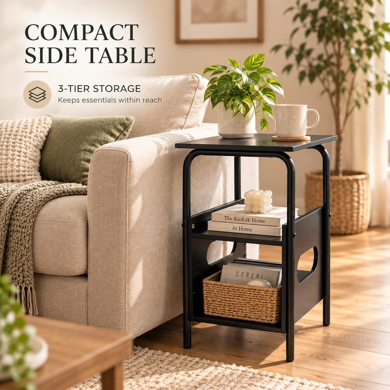 Small Side Table, Narrow End Table with 3-Tier Storage, Coffee