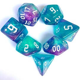 Galaxy Swirl Polyhedral Dice Set, 7-Piece, Turquoise and Purple Glitter, for DND and Tabletop Games