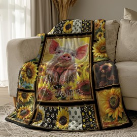 Pig Sunflower Throw Blanket, Sunflower Gifts for Women Girl, Sunflower Decor Flannel Fleece Ultra-Soft Micro Lightweight Cozy Comfort for Bedroom Couch Sofa All Seasons 50"x40"