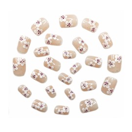24 Pcs Flower Press on Nails Short Square Shaped Fake Nails Spring False Nails with White Gradient Floral Designs Glitter Acrylic Nails Full Cover Sprakly Stick on Nails for Women Nail Art Manicure