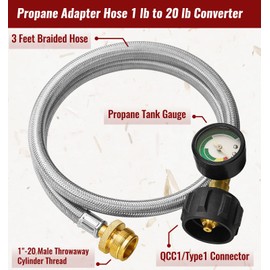 CALPOSE 3 Feet Propane Adapter Hose with Gauge, 1lb to 20lb Adapter Converts 1lb Appliances to 5-40lb Tanks, Stainless Steel Braided Hose for Blackstone Griddle, Weber Q, Coleman Grill, Buddy Heaters