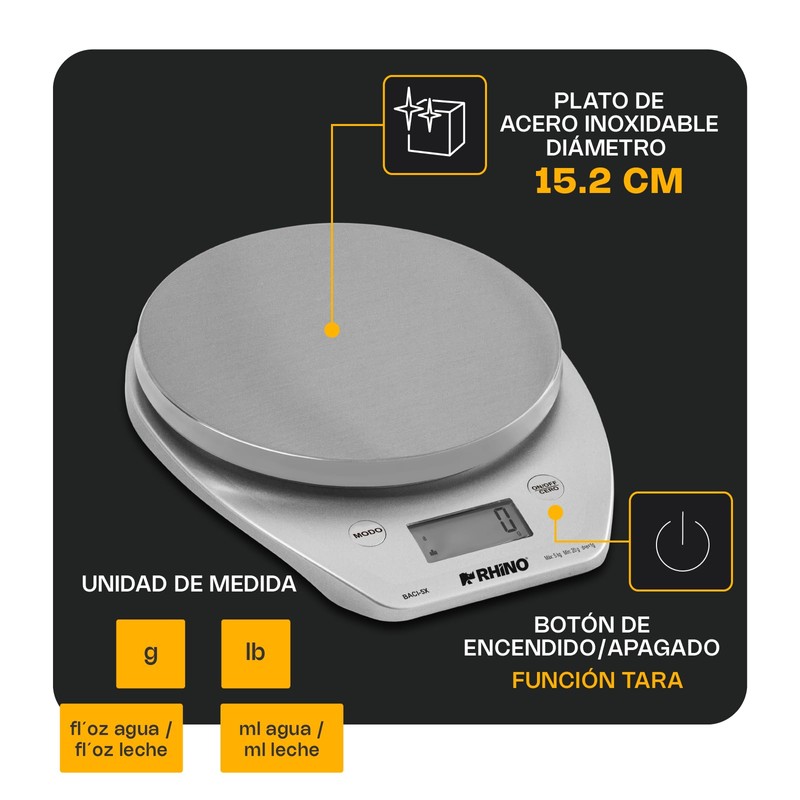 RHINO, Báscula Digital Cocina con Bluetooth, 5kg / 1g, App