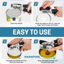 Rainspire Upgraded Can Opener Manual with Bottle Opener Smooth Edge Cut, Can Opener Heavy Duty, Comfortable Soft Handle, Built-in Bottle Opener, Black