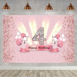 4th Birthday Decoration Party Decor for Girls Fabric Sign Poster 4th Anniversary Backdrop Banner 4th Birthday Party Supplies Birthday Decoration Glitter Pink